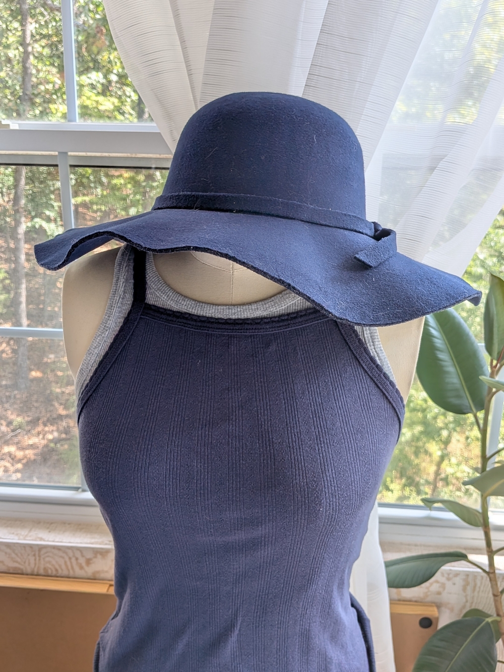 Navy Blue Wool Blend Wide Brim Floppy Sun Hat Bow Band Boater Fedora OS